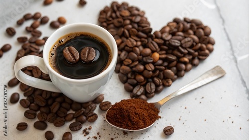 Espresso cup with a coffee bean heart shape