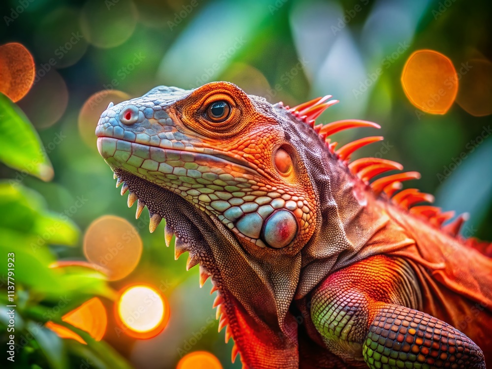 Fototapeta premium Red Iguana Bokeh Photography: Stunning Close-up Images with Blurred Backgrounds