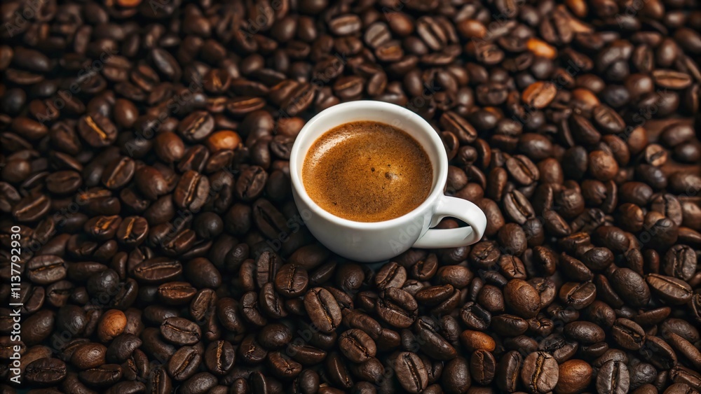 Fototapeta premium Espresso cup on a bed of coffee beans, a top-down shot of a single espresso cup sitting in the center of a dense pile of shiny coffee beans