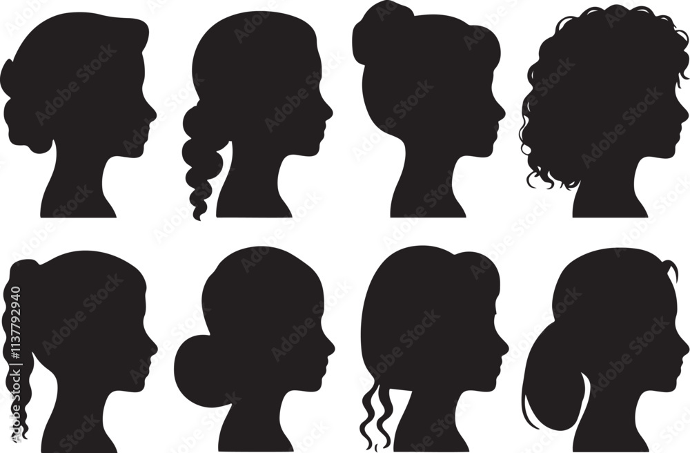 Collection of Silhouette of a head of a sweet lady in different frames vector illustration