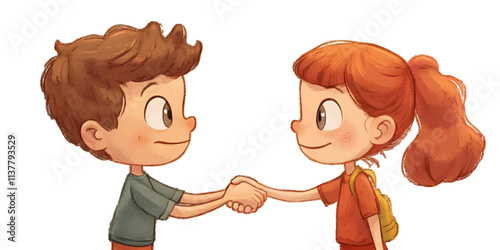 Cartoon illustration of A boy and a girl shaking hands, white or transparent background


