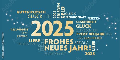 Neujahrsgrüße 2025 mit deutschem Text - Vektor Illustration türkis