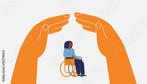 Human hands create secure environment via home roof gesture above black woman in wheelchair. Arms protect and care about female. Legal defense, shelter, medical and life insurance for disabled people