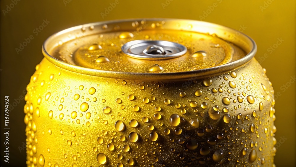 Refreshing Yellow Aluminum Can with Water Drops, Cold Drink Package Mock-Up for Beverage Marketing and Advertising, Perfect for Showcasing Refreshing Beverages Refreshing Yellow Aluminum Can with Water Drops, Cold Drink Package Mock-Up for Beverage Marketing and Advertising, Perfect for Showcasing Refreshing Beverages