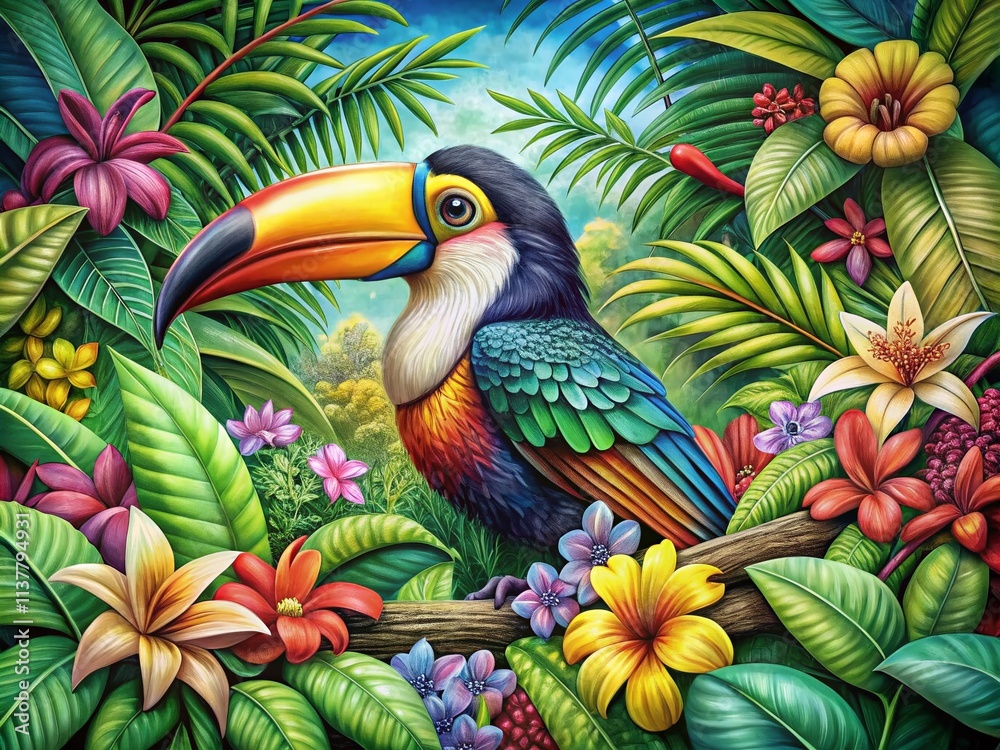 Obraz premium Relaxing Adult Coloring Page Featuring a Vibrant Toucan Surrounded by Lush Tropical Leaves and Exotic Flowers for Stress Relief and Mindfulness Activities