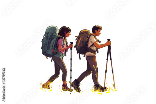 Cartoon illustration of Happy couple hiking together in nature with backpacks and trekking poles on a sunny day isolated on white or transparent background


