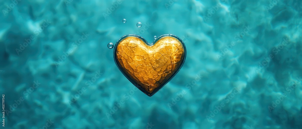 Fototapeta premium Golden Heart Floating in Clear Blue Water with Bubbles Around It