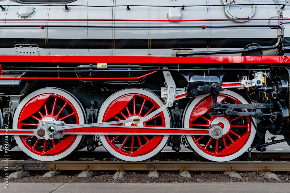 Naklejka premium Closeup of an old steam locomotive wheel, showcasing the intricate engineering and historical significance of vintage transportation.