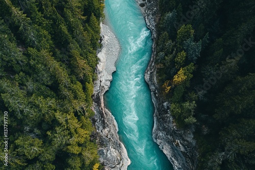 Aerial view of a turquoise river winding through rocky mountains in British Columbia. AI generated illustration