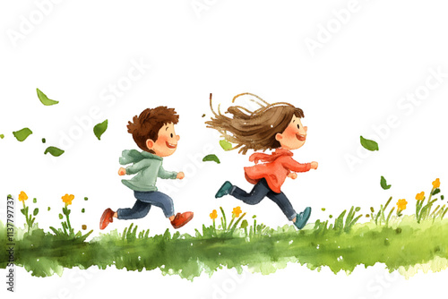 Cartoon illustration of Two children are running on a green field with a white or transparent background


