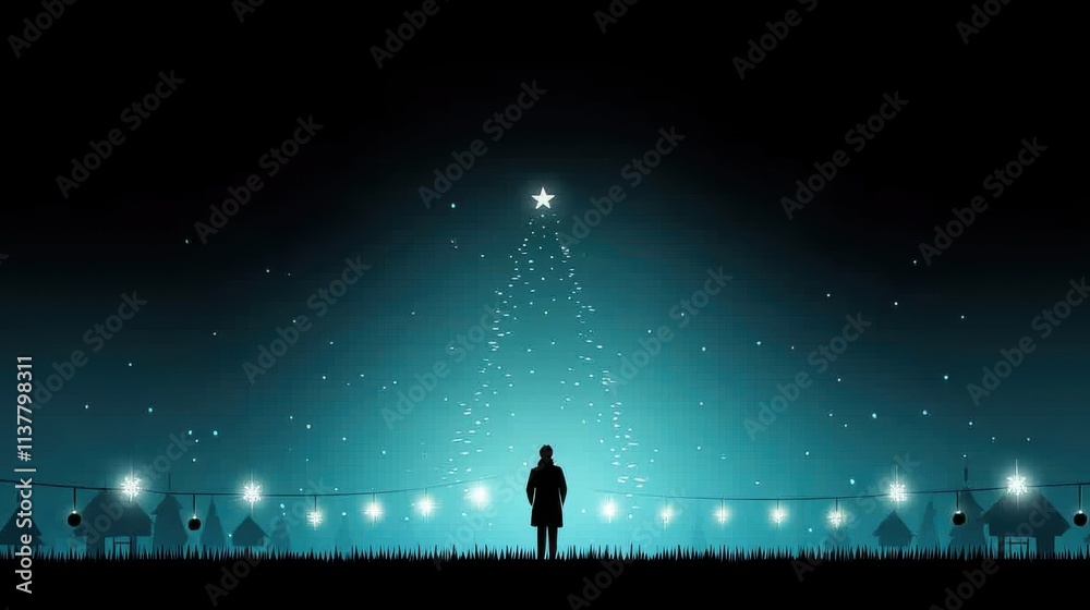 Fototapeta premium Christmas celebration scene with starry tree winter night digital art serene atmosphere artistic perspective
