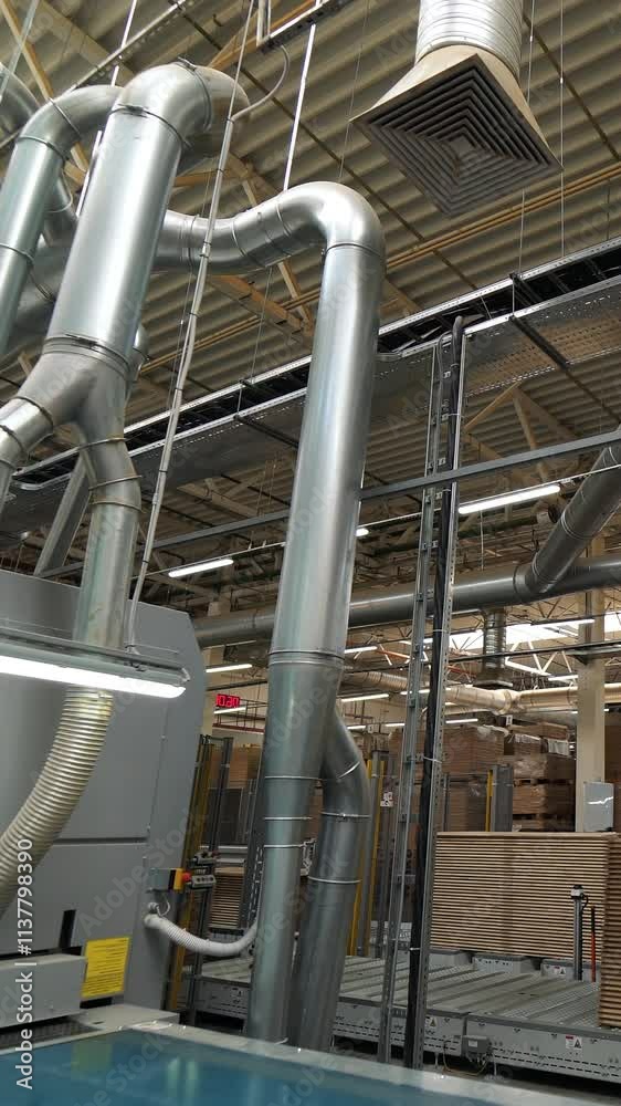 ventilation system inside the plant of the production of parquet boards. Modern technology of industry. Vertical video ventilation system inside the plant of the production of parquet boards. Modern technology of industry. Vertical video