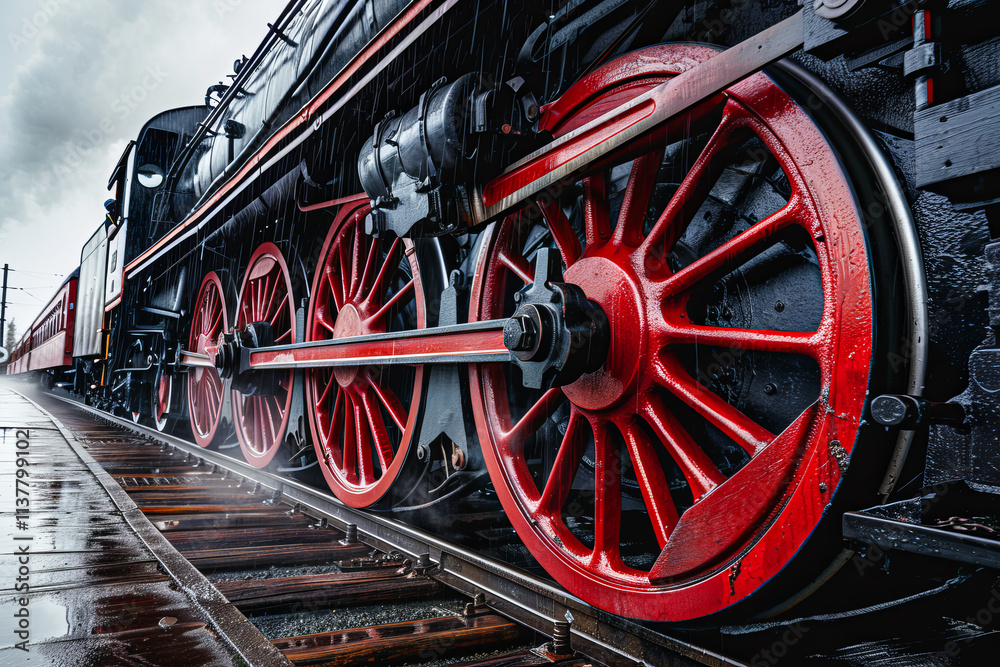 Fototapeta premium Closeup of an old steam locomotive wheel, showcasing the intricate engineering and historical significance of vintage transportation.