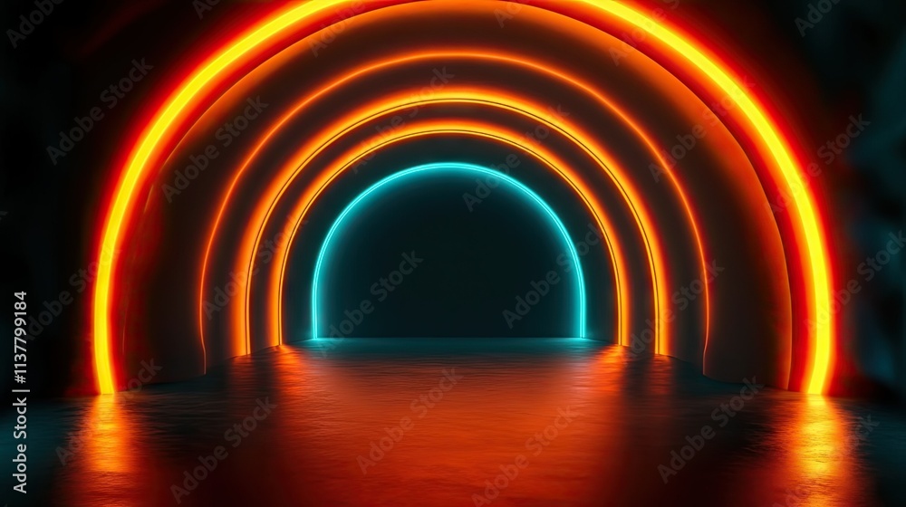 A glowing pathway of neon arcs in soft orange and teal shades, forming a tunnel leading into darkness A glowing pathway of neon arcs in soft orange and teal shades, forming a tunnel leading into darkness