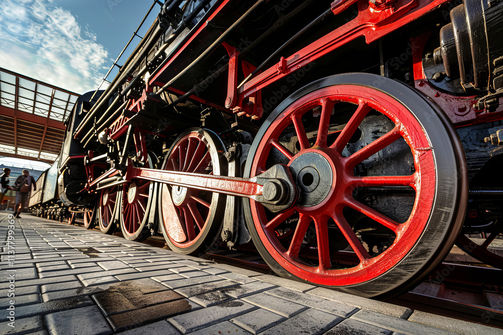 Closeup of an old steam locomotive wheel, showcasing the intricate engineering and historical significance of vintage transportation. Closeup of an old steam locomotive wheel, showcasing the intricate engineering and historical significance of vintage transportation.
