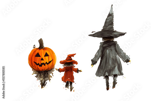 Cartoon illustration of Children in Halloween costumes walking outdoors, pumpkin head scarecrow and child dressed as a wizard isolated on white or transparent background


