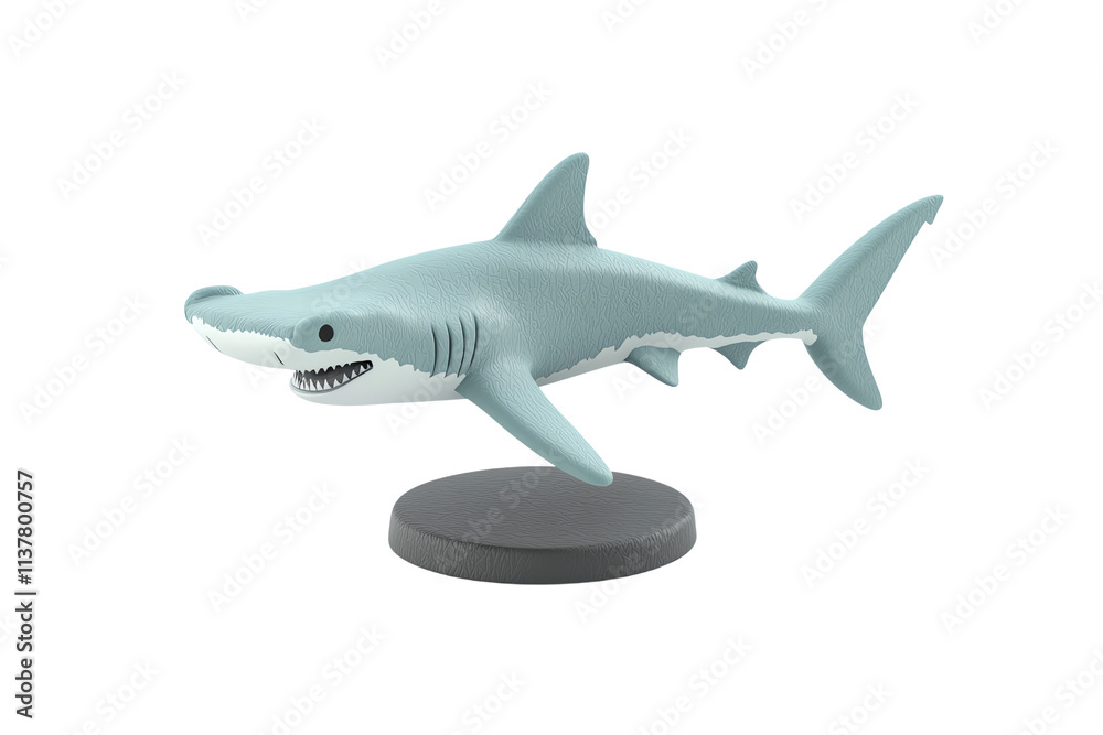 Naklejka premium A stylized model of a shark with a sleek body, sharp teeth, and a playful expression, mounted on a circular stand.