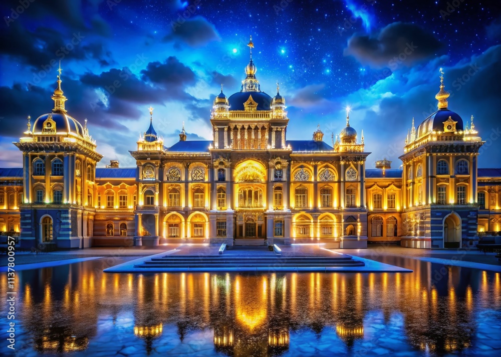 Fototapeta premium Royal Blue & Gold Night Photography: Majestic Palace at Night, Dark Night Scene, Luxury, Elegant, Golden Hour, Night Cityscape