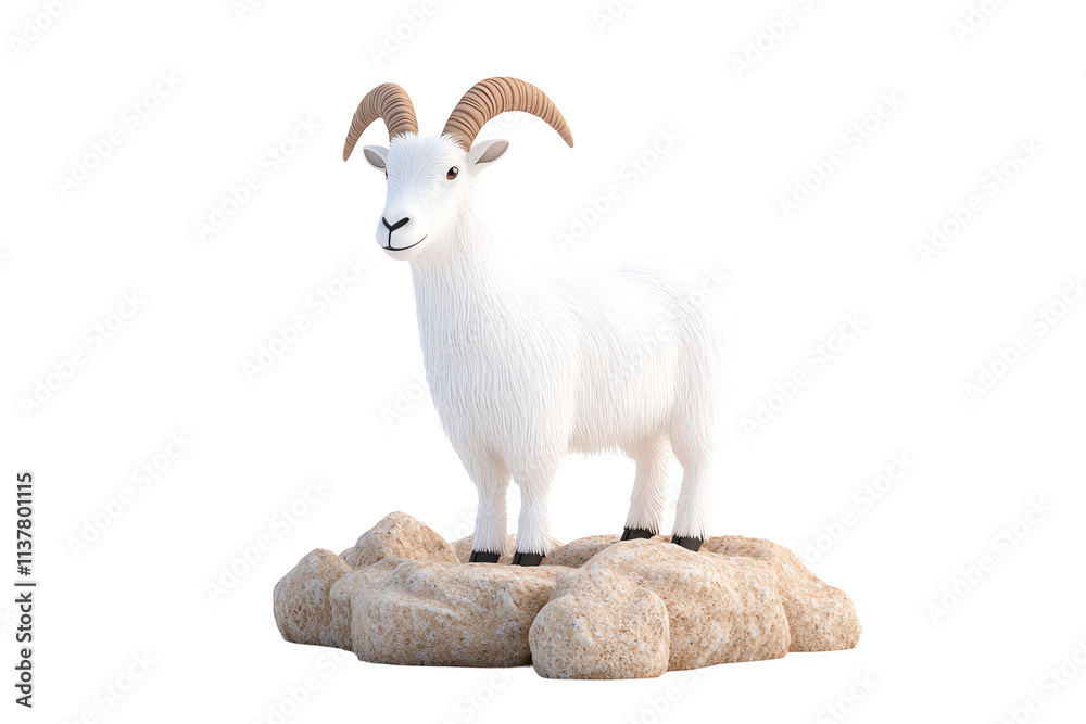 Naklejka premium A white goat with curved horns stands on a rocky surface.