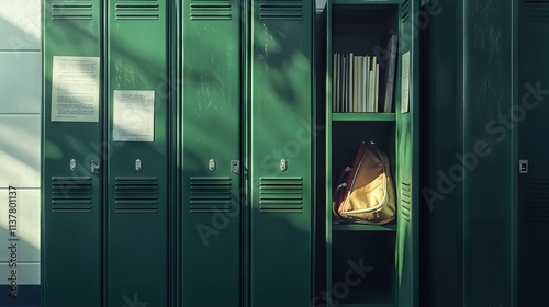 Open green high school locker with books and gym bag in an empty room. AI generated illustration