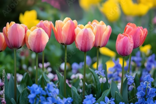 Spring gardening landscape featuring vibrant pink and yellow tulips amidst lush greenery