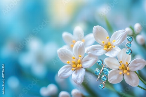 White flowers with yellow centers and blue accents brighten a vibrant spring landscape