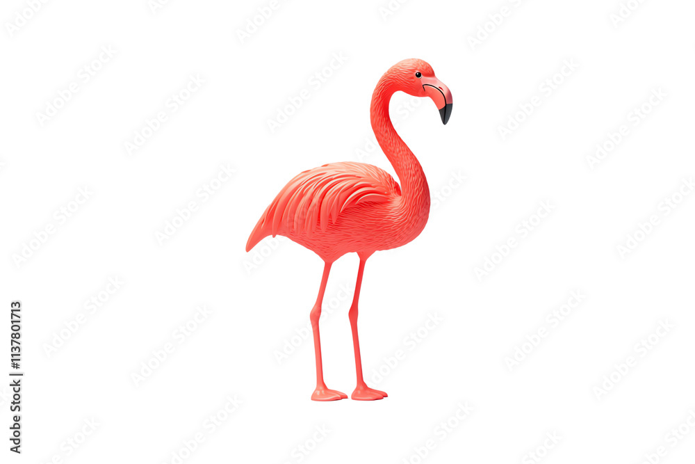 Fototapeta premium A vibrant pink flamingo stands tall, showcasing its elongated neck and graceful legs, exuding a playful and tropical charm.