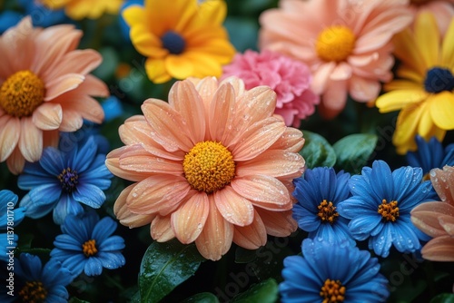 Bright flowers bloom vibrantly in a lush garden filled with various colors and textures