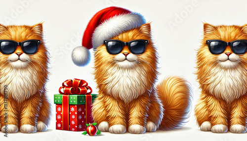 Fluffy orange cat wearing santa hat with christmas present, illustration.