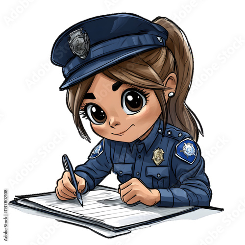 Cartoon Illustration of a female police officer writing a report, white or transparent background

