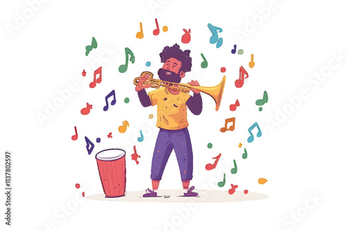 Cartoon illustration of a man joyfully playing a wind instrument surrounded by musical notes and a drum, white or transparent background


