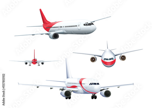 Four Airplanes, 3D Set of White Realistic Airplane Isolated, Render Collection Airplane Icon, Travel Concept, Traveling Booking Agency, Airline, Holiday Vacation, Vector Illustration.