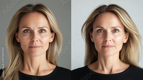 A middle-aged woman before and after Botox treatment, split-screen style with visible rejuvenation. photo