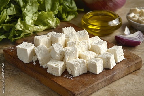 Feta cheese with salad and olive oil on a wooden board. AI generated illustration