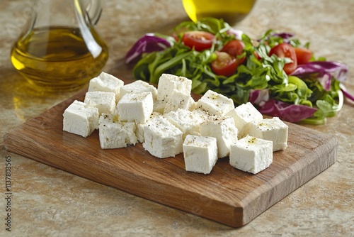 Feta cheese with salad and olive oil on a wooden board. AI generated illustration