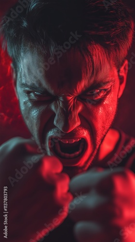 Intense Close-Up of an Angry Man with Dramatic Red Lighting - Made with Generative AI photo