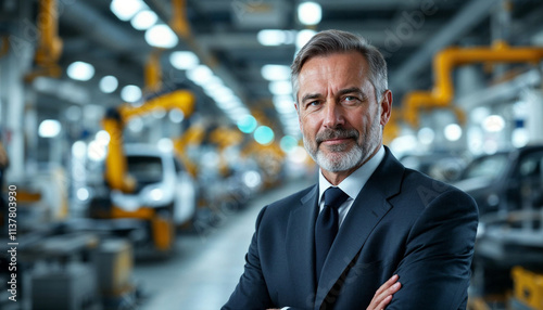 Confident German CEO in a modern auto factory, exuding leadership with natural light. photo