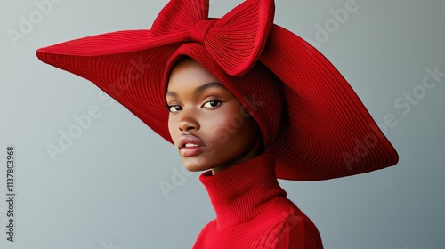 A model wearing a bold red hat with an exaggerated bow, captured against a minimalist background photo