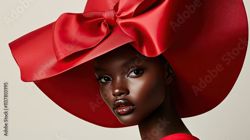 A model wearing a bold red hat with an exaggerated bow, captured against a minimalist background photo