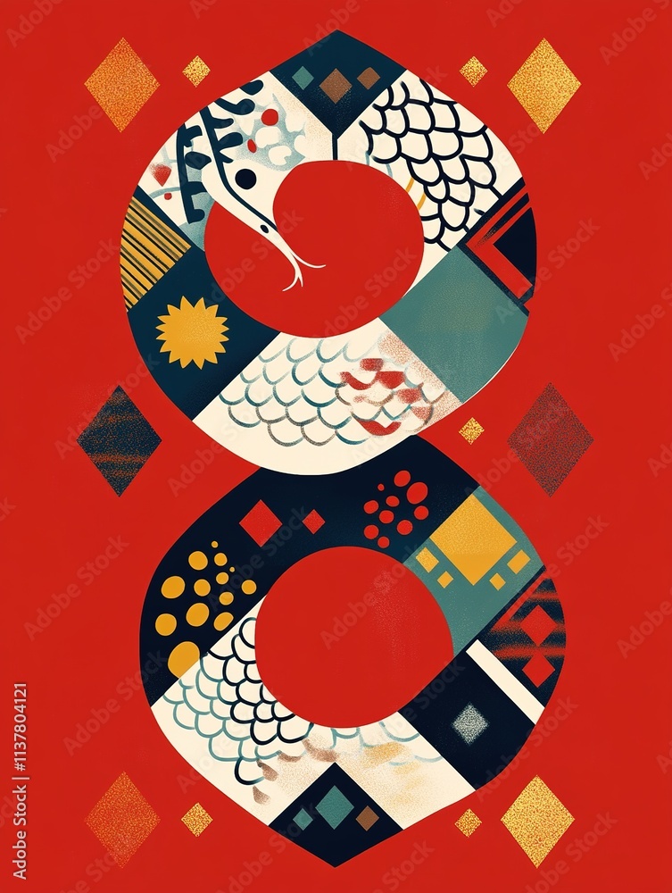 Obraz premium Creative abstract marketing background for the Year of the Snake 2025, featuring a cute serpentine design in a minimalist style with vibrant red and pink lines on a white background. This AI-generate