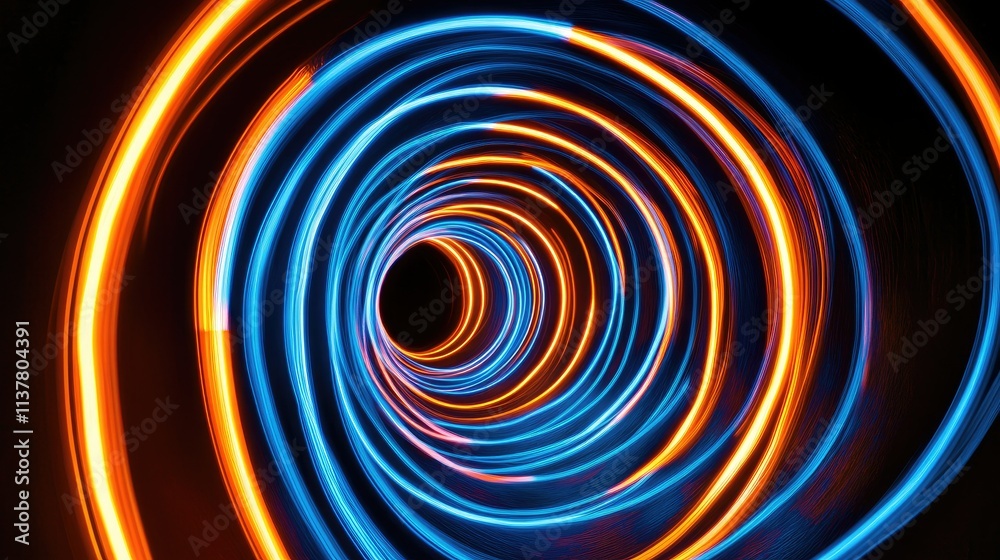 Fototapeta premium A neon light tunnel with alternating curved lines of orange and blue, creating depth on a dark background
