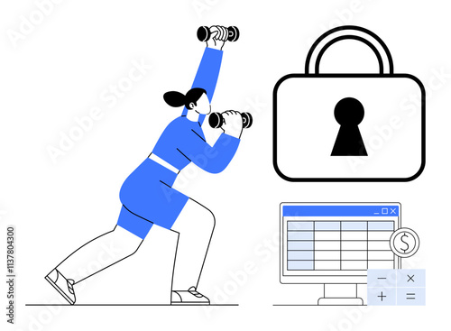 Woman lifting dumbbells, large padlock, and computer with spreadsheet and calculator icon. Ideal for fitness, data security, personal training, digital health, cybersecurity, financial management