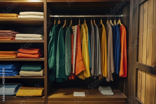 Minimalist wardrobe showcase with colorful clothes on hangers and neatly folded towels on wooden shelves photo