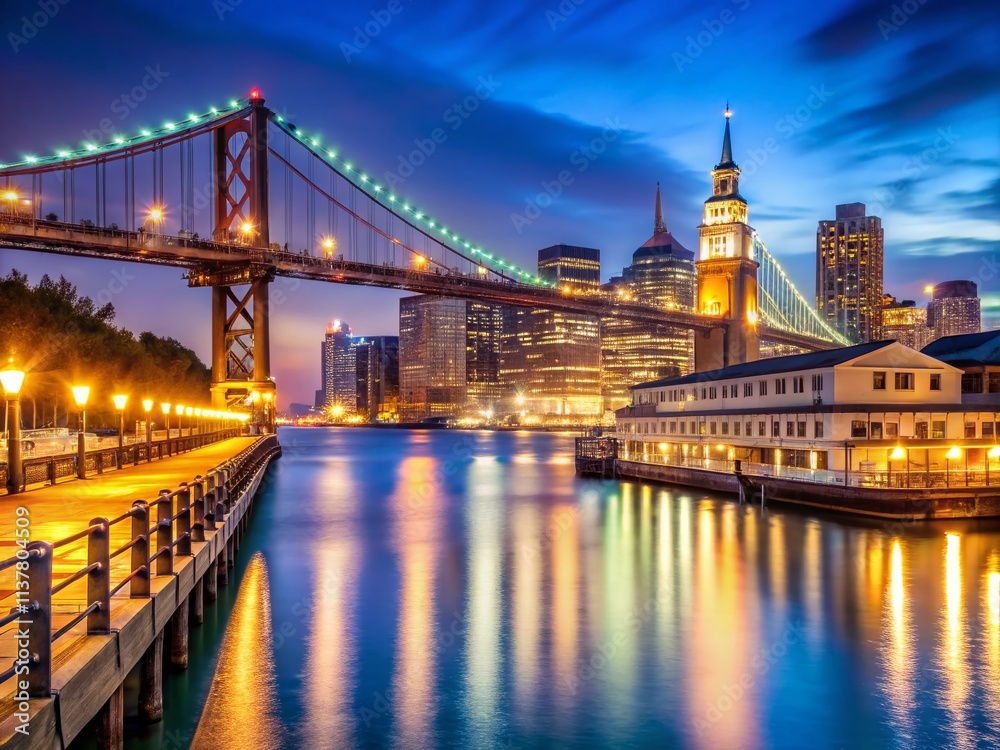 Fototapeta premium San Francisco Embarcadero Night Bokeh, Cityscape Photography, Golden Gate Bridge Lights, Bay Area, Waterfront, Blurred Background, Urban Landscape, Romantic Atmosphere
