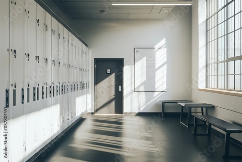 Modern Gym Locker Room with White Lockers and Black Steel Benches. AI generated illustration