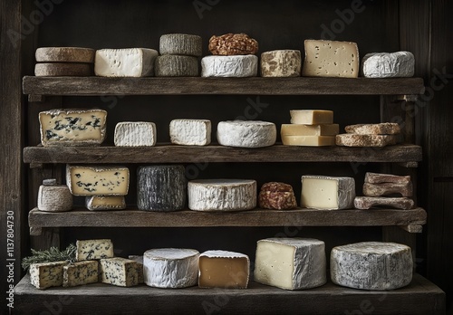 Assorted Cheeses on Wooden Shelves in Underground Storage. AI generated illustration