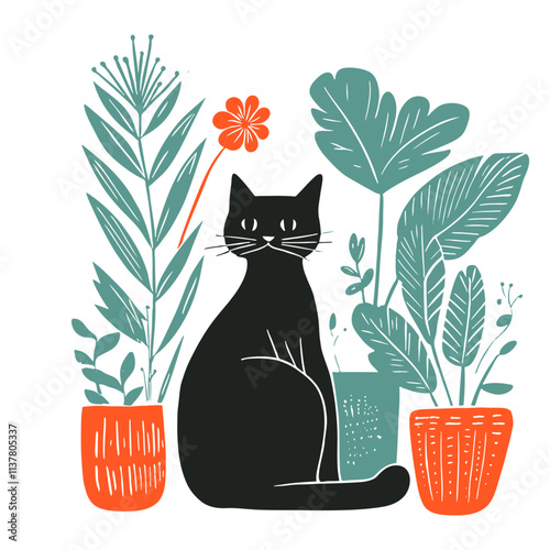 Black cat sitting among potted houseplants, engraving style, vector illustration.