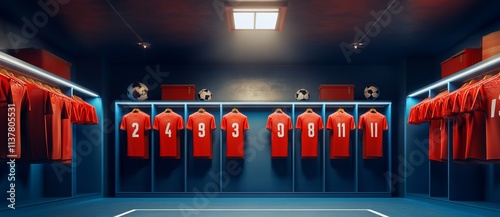 Hyper-Realistic 3D Render of Football Team Locker Room with Red Uniforms. AI generated illustration