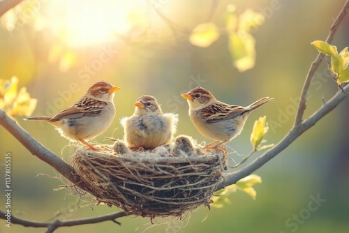 Three baby birds in a nest chirping joyfully during springtime in a bright, sunny environment photo