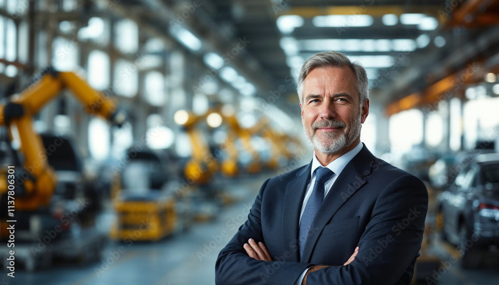 Confident German CEO in a modern auto factory, exuding leadership with natural light. Confident German CEO in a modern auto factory, exuding leadership with natural light.